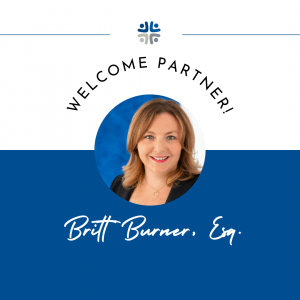 "WELCOME PARTNER!" typography above a portrait of a smiling woman, followed by "Britt Burner, Esq." in cursive against a blue background