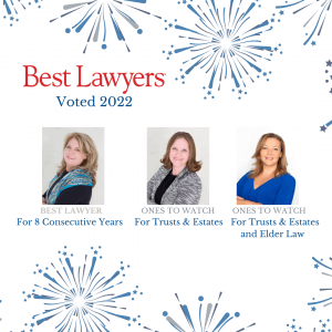 "Best Lawyers Voted 2022" typography about three portrait of professional women, surrounded by blue firework designs