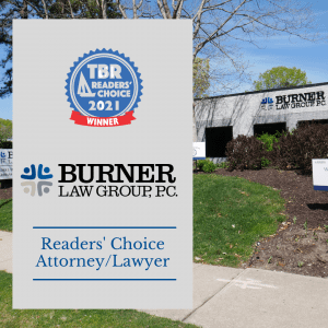 TBR Readers' Choice 2021 logo above Burner Law Group logo with a photo of the Burner Law Group office in the background