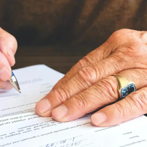 an elderly person signing a document